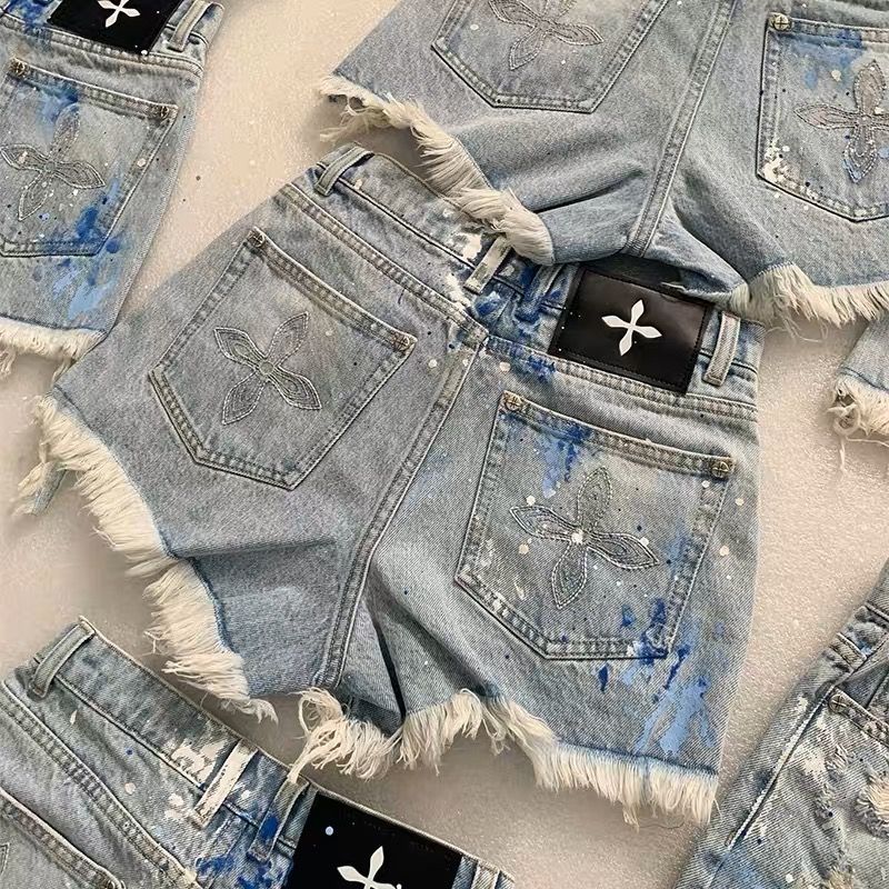 Brand New Ripped Frayed Denim Paint Splatter Splash High Waisted