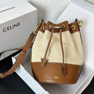 Celine Small Drawstring Cabas Marin in Textile and Calfskin, Brown