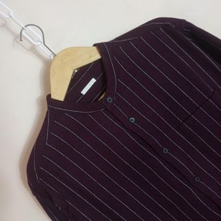 [Flannel GU] Kemeja Flanel Global Uniqlo Stripe Kerah Shanghai Long Sleeve Shirt Ungu Size L