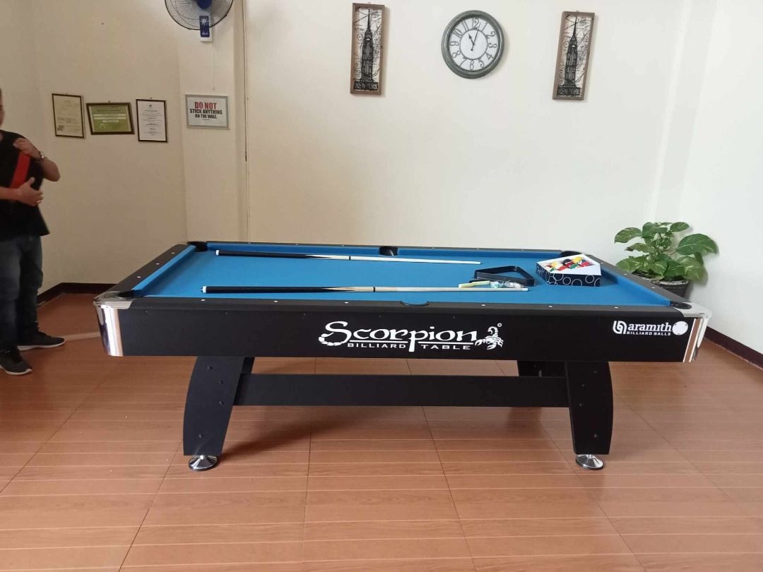 FOR SALE 1 SET 4x8ft SCORPION BILLIARD TABLE (Category: Billiards and Bowling) located in San Pablo. Submitted by abw4reyes (Listing ID 1255204865, Image 2). Description: FOR SALE 1 SET 4x8ft SCORPION BILLIARD TABLE SPECS: Size: 4x8ft (Junior) Material: MDF (Medium-Density Fiber) Pocket: Autoball Flooring: MDF (Medium-Density Fiber) ACCESSORIES INCLUSIONS: * 2 pcs. Cue Stick * 1 set Taiwan Billiard Ball * 2 pcs. Cue Chalk * 1 pc. Brush * 1 pc. Pl