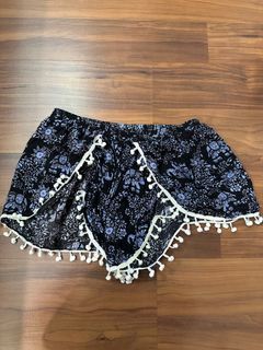 From Bali Printed Black with Dark blue print cotton shorts with Pom poms
