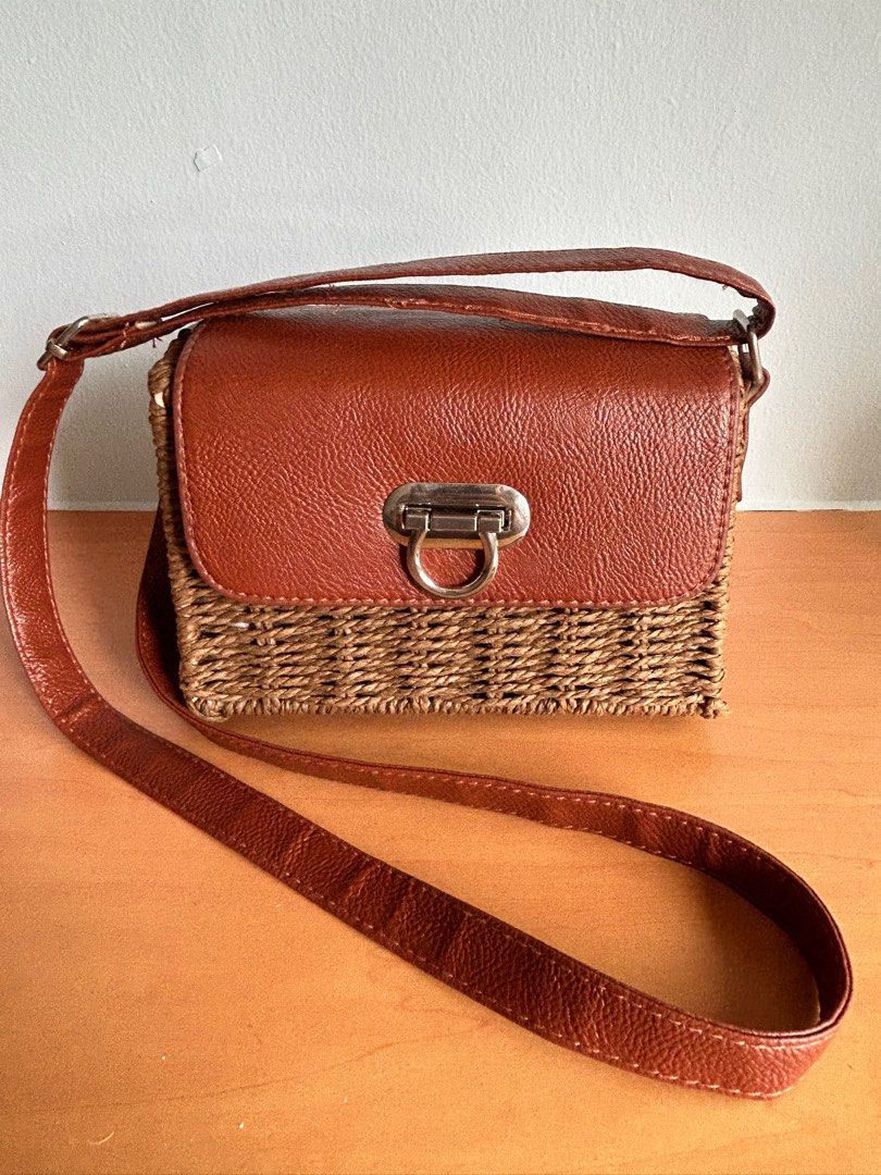Handmade Rattan and Leather Cross Body Sling Bag Women s Fashion