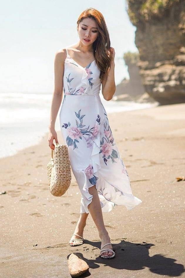 LOVET Cadie Floral Ruffles Asymmetrical White Women Dress