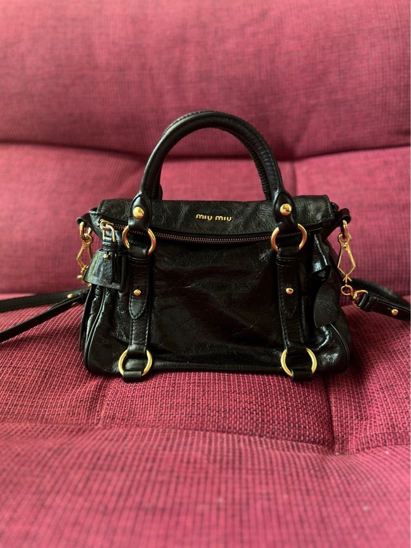 Miu Miu Vintage Black Vitello Lux Bow Satchel Bag (Gold Hardware)