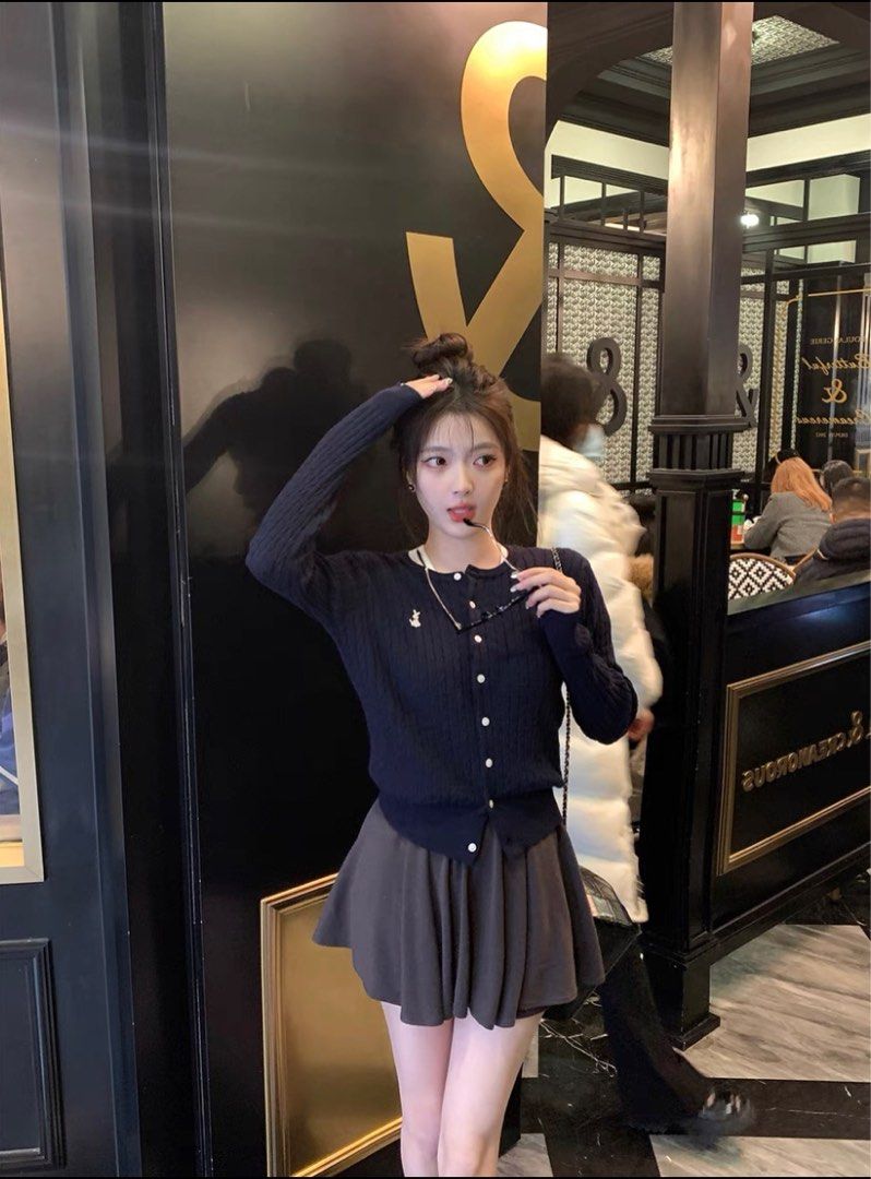 Navy blue knitted button up rabbit cardigan Women s Fashion Tops