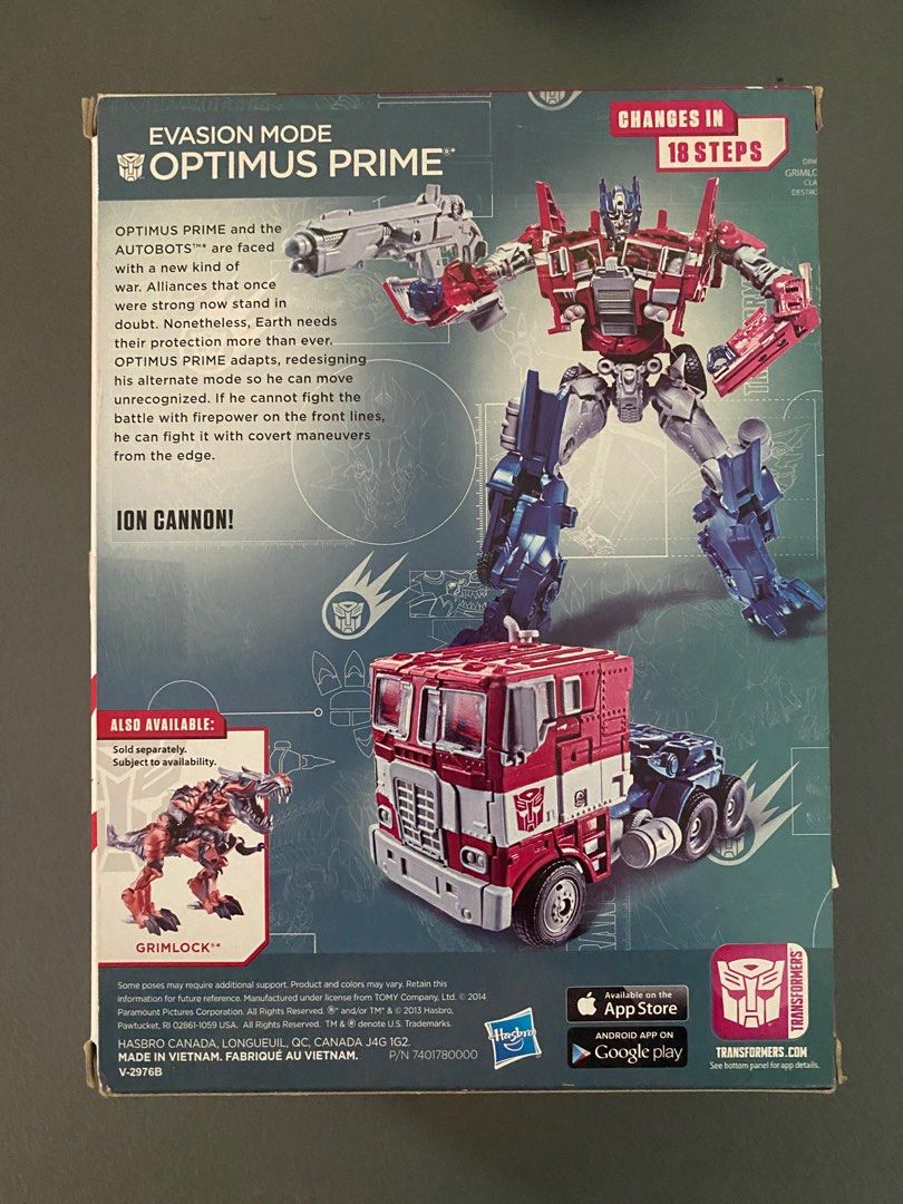 OPTIMUS PRIME Evasion Mode Voyager Class (Category: Figurines & Statues) located in Pasig City. Submitted by AndyY (Listing ID 1255281813, Image 2). Description: 1,500 + SF BIB condition with instructions Discount if bought with other transformers Inner flap on left side of box is a bit folded.