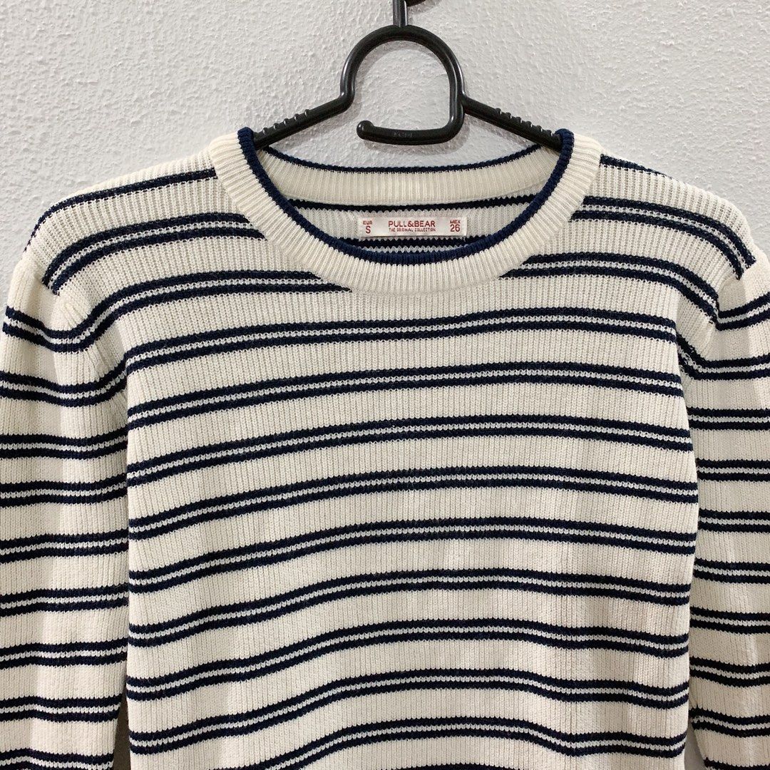 Pull Bear Cream White Dark Blue Navy Striped Long Sleeve Knitted Sweater Blouse Top