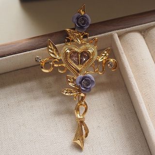 Rare Signed Christian Lacroix Baroque Rose Crucifix Brooch