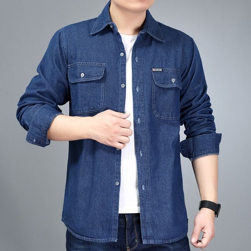 READY STOCK Men Plus Size Casual Long Sleeve Denim Jeans Shirt M 5XL Dark Blue