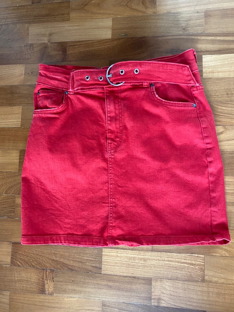 Red denim skirt, Women's Fashion, Bottoms, Skirts on Carousell