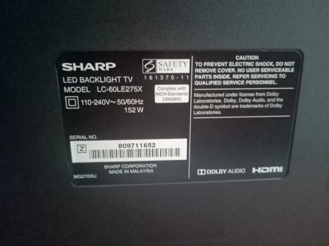 Sharp AQUOS 60 inch TV (Faulty), TV & Home Appliances, TV