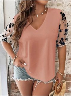 Shein Curve Plus Size Pink mesh Sleeves Top