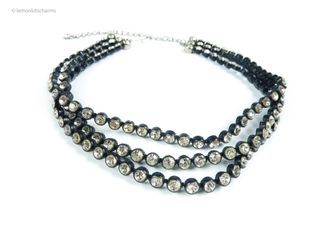 Vintage 1960s Clear Rhinestone Black Choker Necklace, nk394-ec