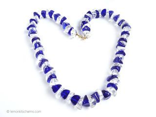Vintage 1980s Blue & Clear Lucite Beaded Necklace, nk1060-ec