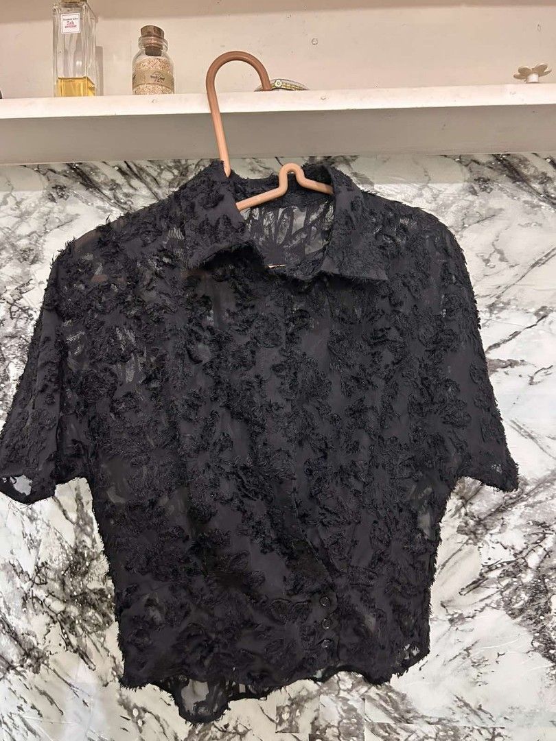 Vintage 2 way Sheer Lace Button Up (Category: Blouses) located in General Trias. Submitted by berrybree (Listing ID 1255373809, Image 2). Description: 2 way vintage sheer lace button up Size: Small to Medium Also giving black coquette vibes ✨️🖤 meet up or can be shipped via J&T courier DM for when worn 💖.