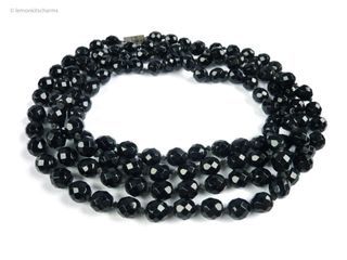 Vintage Black Glass Beaded Long Flapper Necklace, nk384-ec