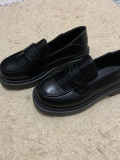 Women Black Slip-On Flatform Penny Loafers, Cool Round Toe Minimalist  Wedge Shoes