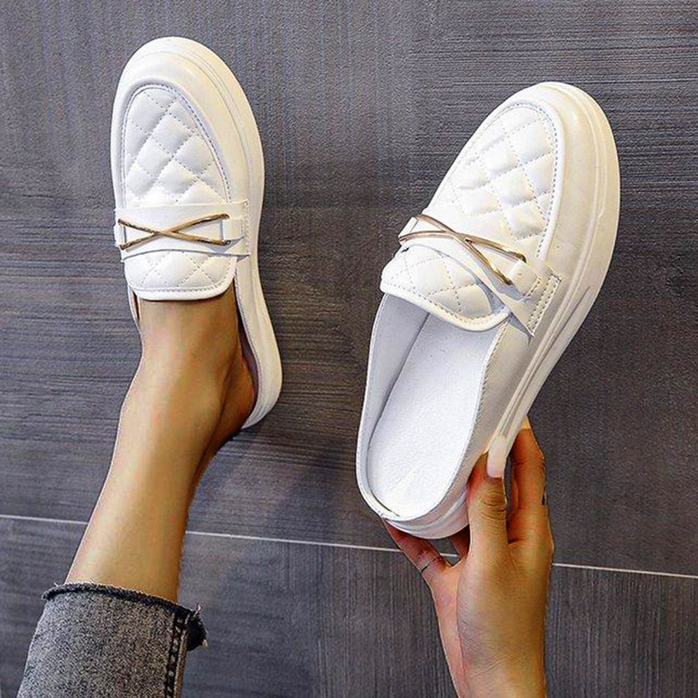 Women s Mules Puffy Sandals Outdoor Daily Summer Flat Heel Round Toe Basic Casual Walking Shoes Faux Leather Loafer Solid Colored White