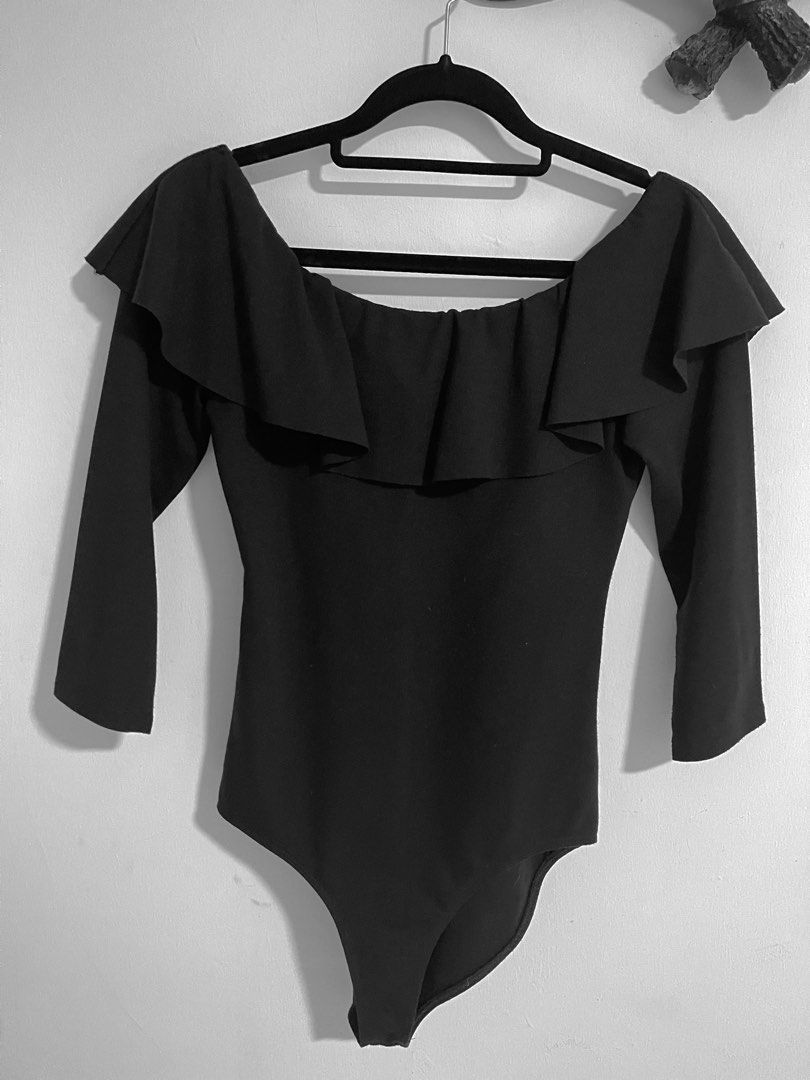 Zara Black Lace Bodysuit With Ruffle Cuffs Size S BNWT
