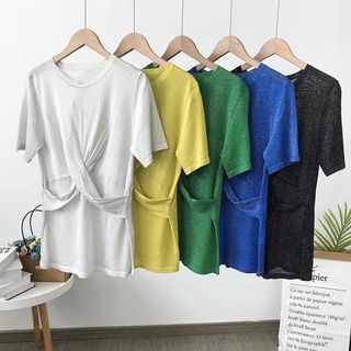 0084 Women Short Sleeves Criss Cross Wrap Waist Top Green Free Size