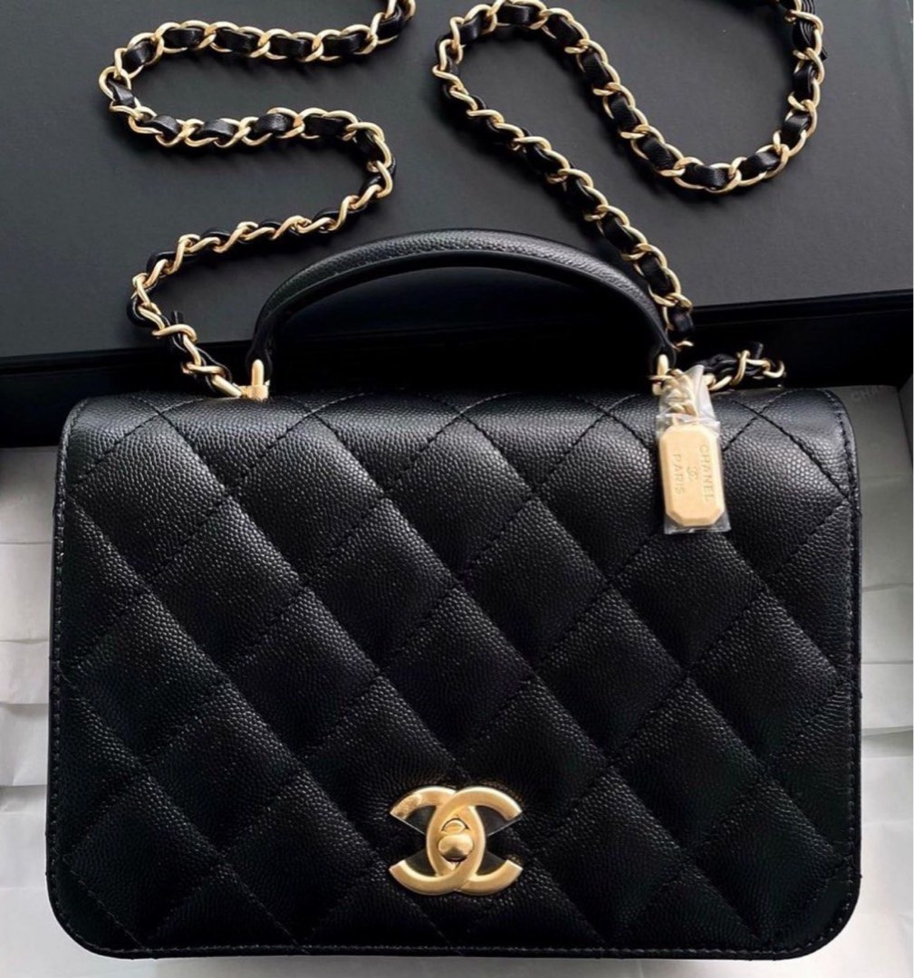AUTHENTIC CHANEL 23B FLAP BAG WITH TOP HANDLE BLACK CAVIAR IN MATTE GOLD  HARDWARE, Luxury, Bags & Wallets on Carousell