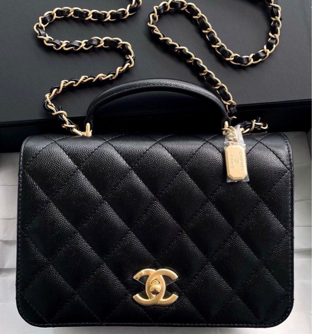 🆕 AUTHENTIC CHANEL 23B FLAP BAG WITH TOP HANDLE BLACK CAVIAR IN MATTE GOLD  HARDWARE