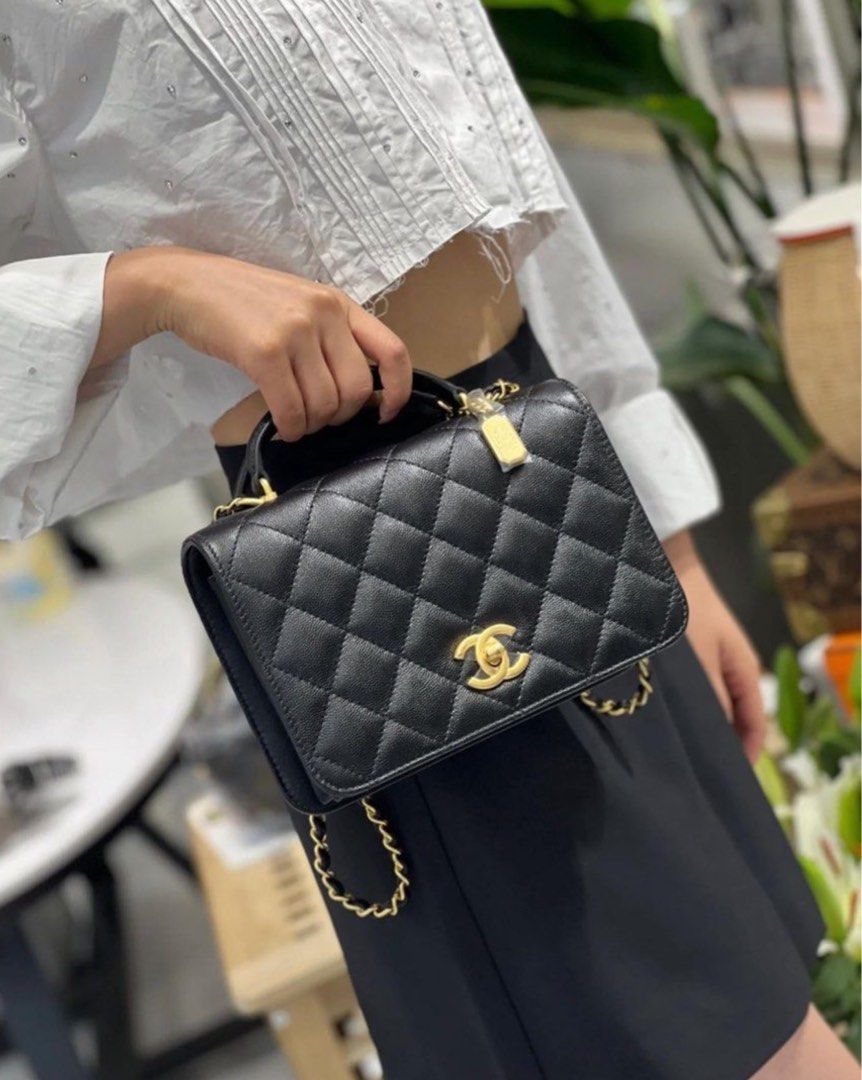 🆕 AUTHENTIC CHANEL 23B FLAP BAG WITH TOP HANDLE BLACK CAVIAR IN MATTE GOLD  HARDWARE