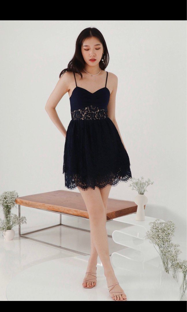Blue lace romper dress clearance