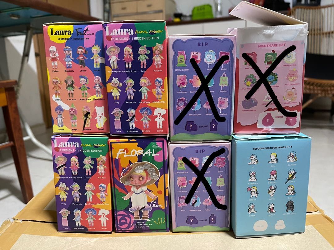 Assorted blindboxes (Category: Designer & Blind Box Toys) located in Singapore. Submitted by bel_meow (Listing ID 1151842887, Image 4). Description: $10 each. Meet up only as boxes are very big..