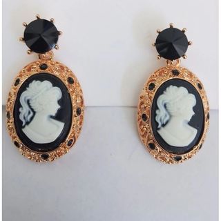 Baroque Victorian Lady Cameo Jewelry Black Rhinestone Dangling Stud Earrings