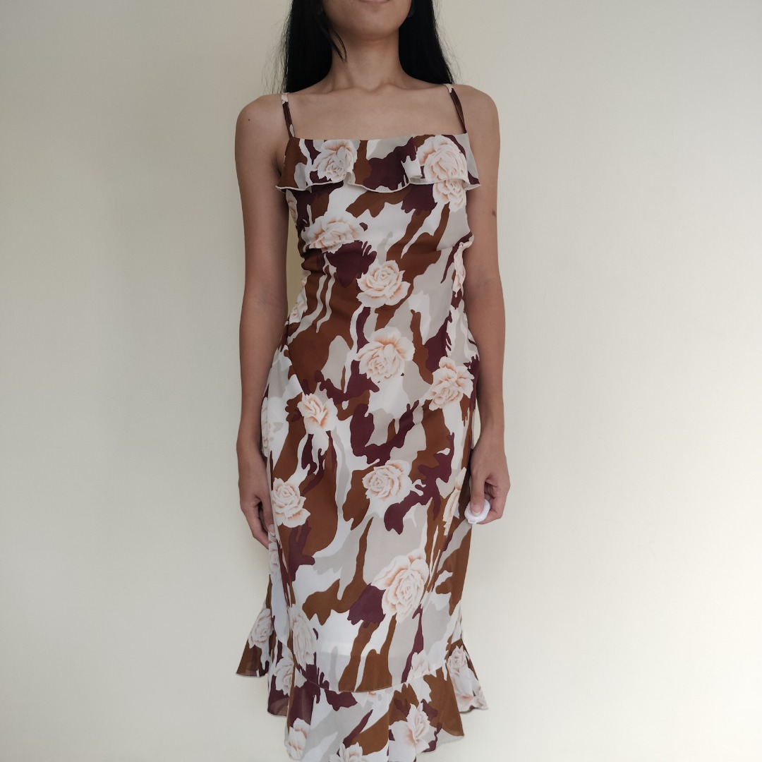 Brown and Pink Botanical Floral Print Midi Shirt Dress