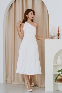 Carisslabelle Athena satin toga midi dress in white