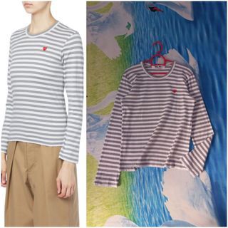 CDG PLAY Red Heart Patch Striped TShirt (Gray M)