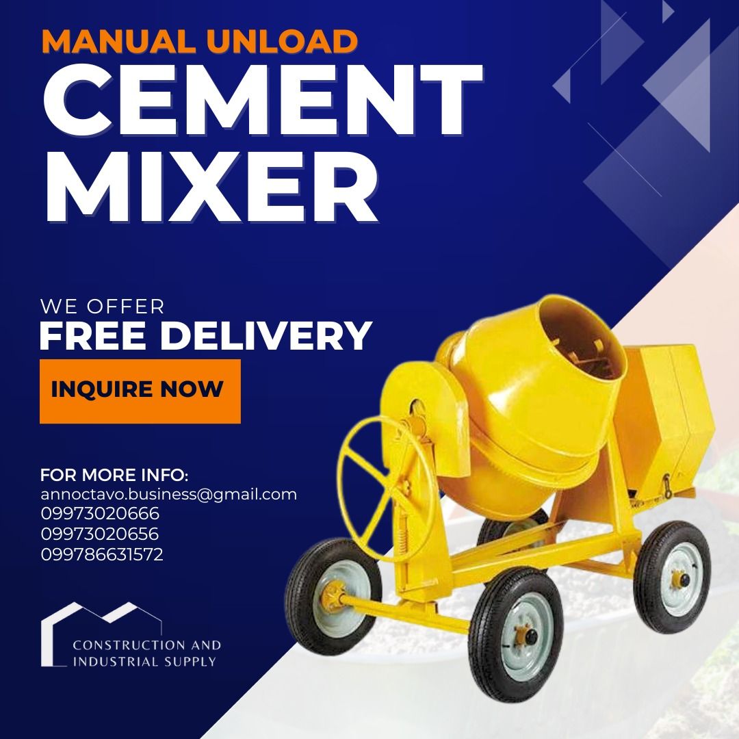Concrete Mixer | Portable Mixer | Drum Mixer | Batch Mixer (Category: Construction Tools & Equipment) located in Manila. Submitted by daniel_rb.business (Listing ID 1255520733, Image 1). Description: A cement mixer is a compact and portable construction tool designed for mixing small batches of cement, concrete, or mortar. It typically consists of a drum or container mounted on a frame, often with wheels for easy maneuverability. These mixers are