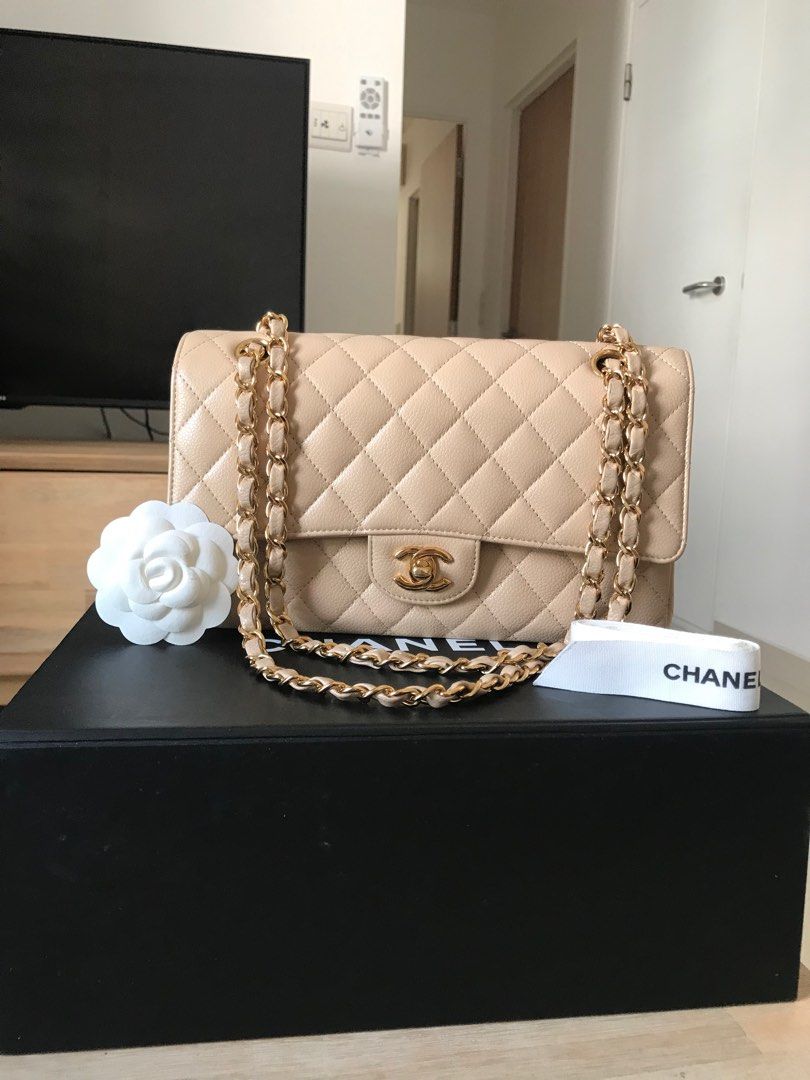 Chanel classic flap medium beige Clare caviar leather GHW, Luxury, Bags &  Wallets on Carousell