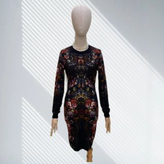 CL307 - Alexander Mcqueen Floral Print Wool Stretchable Long Sleeves Dress