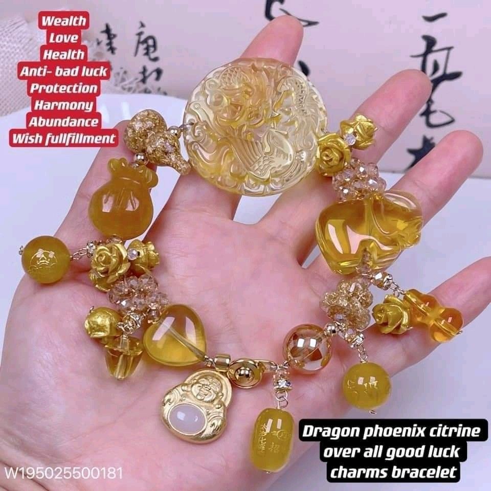 Dragon phoenix citrine bracelet (Category: Bracelets) located in Manila. Submitted by delynonlineshopping_ (Listing ID 1255511549, Image 1). Description: New new new 💥💥💥 🌈dragon phoenix citrine over all good luck charms bracelet🌈 💎 Over all good luck, For wealth, love,health, anti-bad luck,protection ,harmony, abundance, wish fullfillment ✅quality: us 10k gold balls and wire, Authentic citrine, yellow agate, yellow jadeite jade ✅size: brace