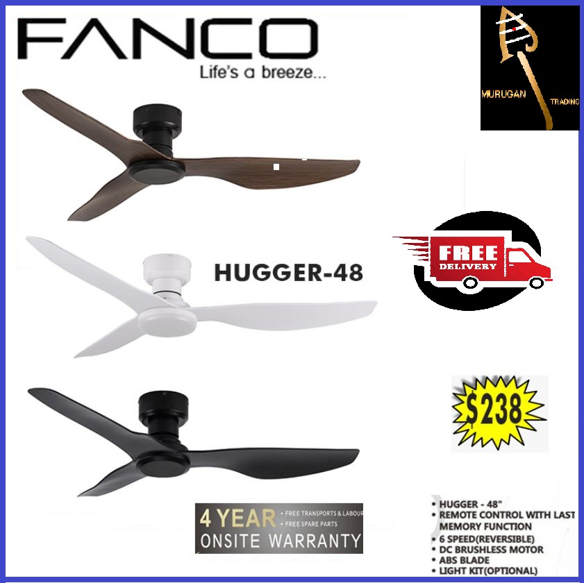 FANCO COFAN HUGGER 48" DC CEILING FAN WITH REMOTE & OPTIONAL LIGHT