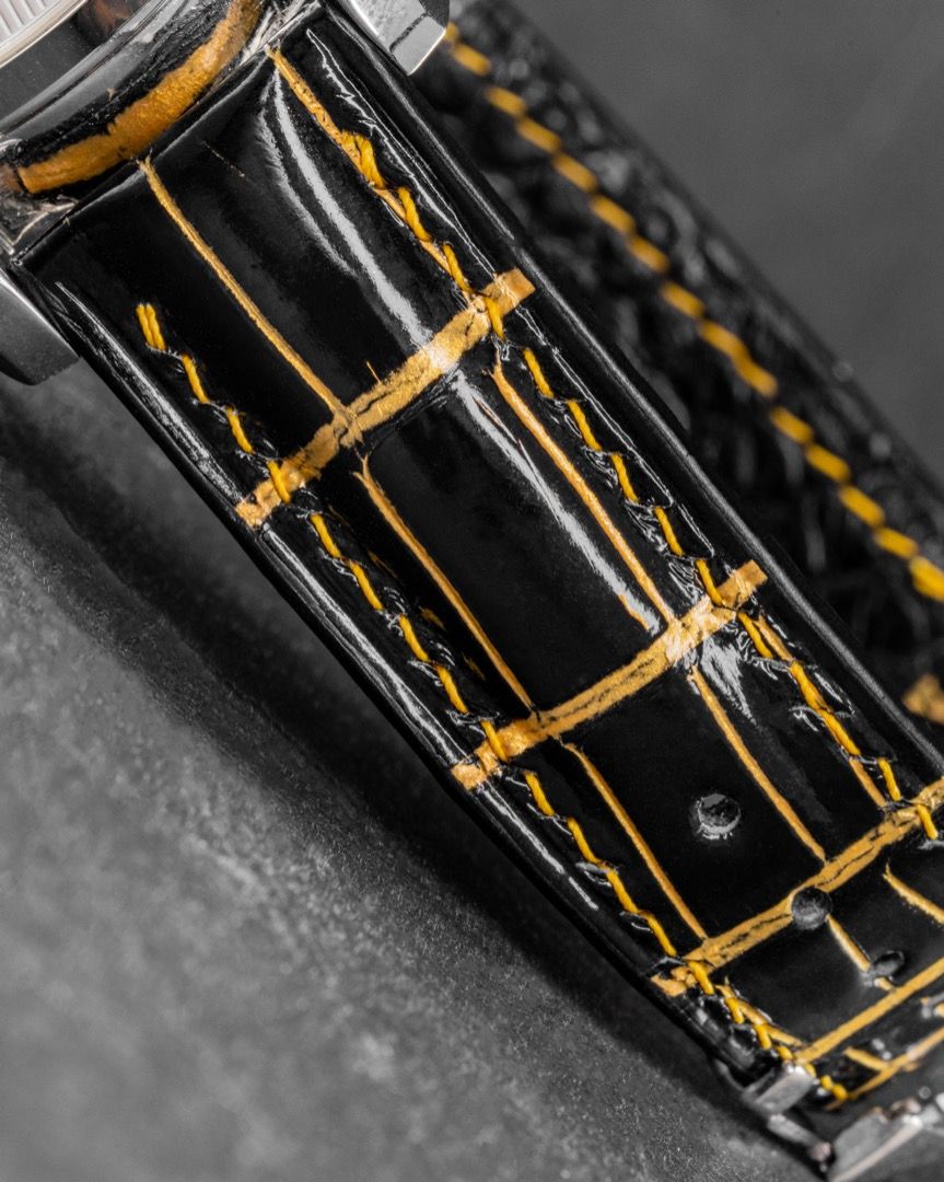 Handmade Hand stitched Watch Strap in Black Gold Alligator Leather
