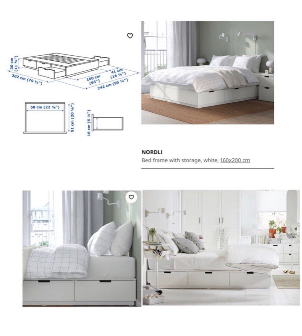 Ikea Nordli QUEEN Bedframe With 6 Storage White 160x200cm
