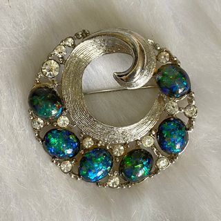 Japan Vintage Silver Tone Blue Clear Crystals Round Brooch