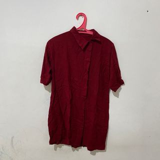 Kemeja merah maroon size S to M - blouse unsimetris - baju wanita - atasan cewek - outer polos - busui friendly - korean woman top - lengan pendek - thrift
