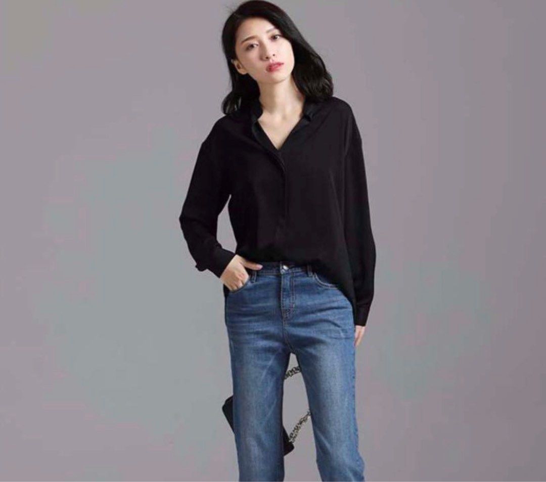 Korean fashion black chiffon oversized polo blouse Women s Fashion Tops Longsleeves on Carousell