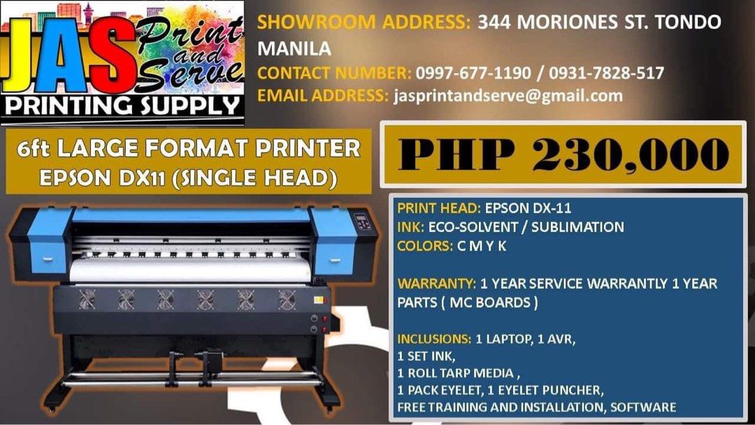 Large format printer machine (Category: Printers, Scanners & Copiers) located in Manila. Submitted by jellybeansss1996-83426 (Listing ID 1255412159, Image 3). Description: PERMISSION TO POST ADMIN ! LOOKING FOR A BUSINESS? SUPPLIER HERE!!! OUR PRICE STARTS AT 149K BRAND NEW!!! TARPAULIN PRINTER SUBLIMATION PRINTER DTF (DIRECT TO FILM) A3 SIZE ENGRAVER MACHINE| HEAT PRESS (80x100) CUTTER PLOTTER (2ft and 4ft) THE BEST CARE FOR CUSTOMER NEEDS! AFTE