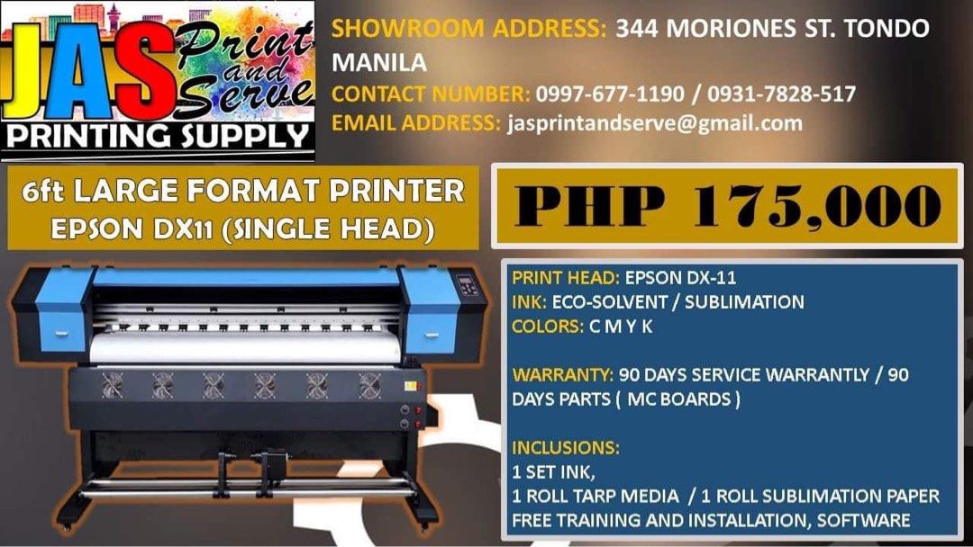 Large format printer machine (Category: Printers, Scanners & Copiers) located in Manila. Submitted by jellybeansss1996-83426 (Listing ID 1255412159, Image 2). Description: PERMISSION TO POST ADMIN ! LOOKING FOR A BUSINESS? SUPPLIER HERE!!! OUR PRICE STARTS AT 149K BRAND NEW!!! TARPAULIN PRINTER SUBLIMATION PRINTER DTF (DIRECT TO FILM) A3 SIZE ENGRAVER MACHINE| HEAT PRESS (80x100) CUTTER PLOTTER (2ft and 4ft) THE BEST CARE FOR CUSTOMER NEEDS! AFTE