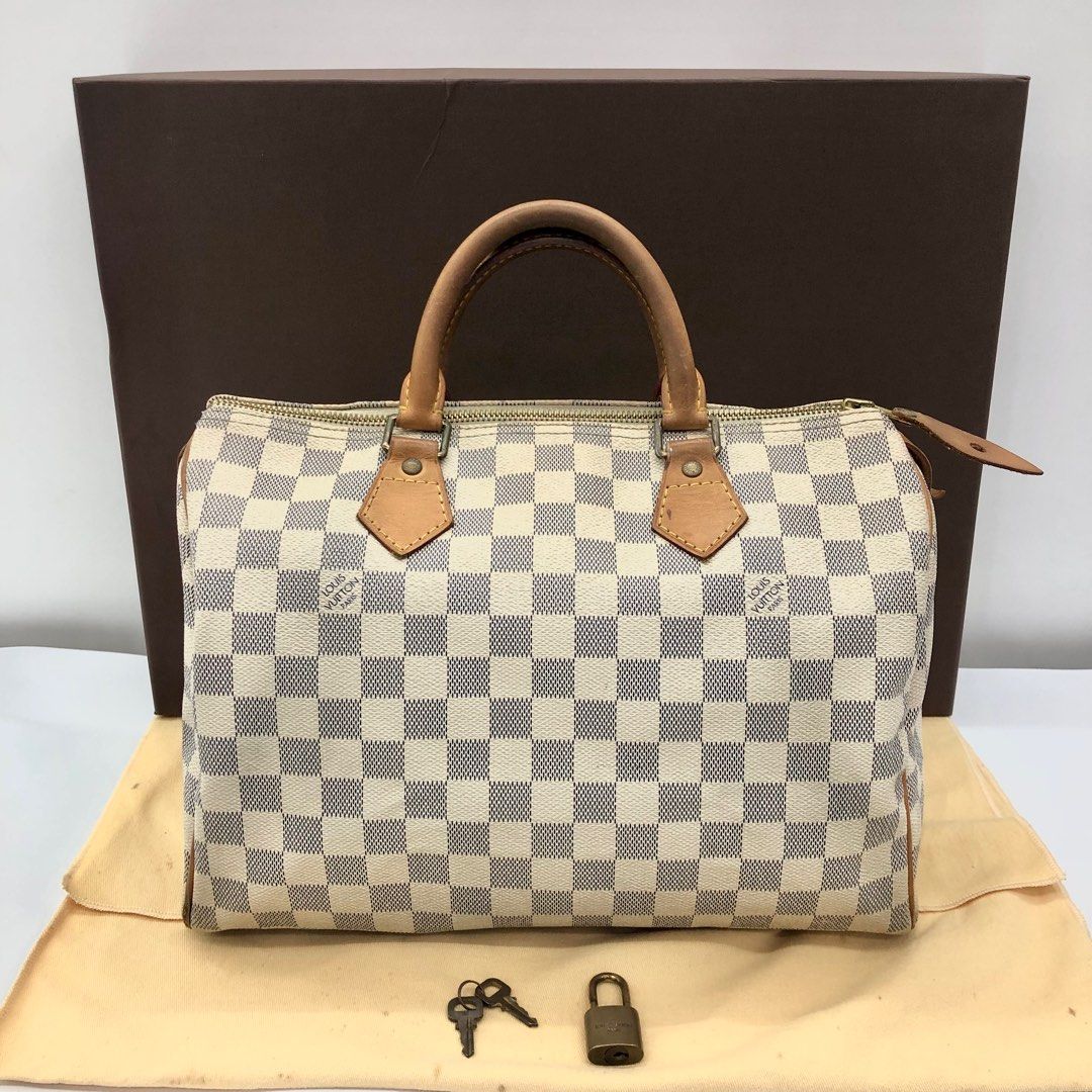 Louis Vuitton Speedy 30 Damier Azur Canvas Handbag Tote Lock & Keys