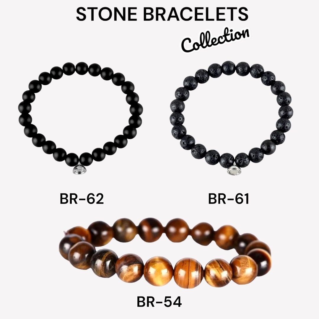 Initial Beaded Bracelets for Men, 8mm Tiger Eye Lava Rock Stone