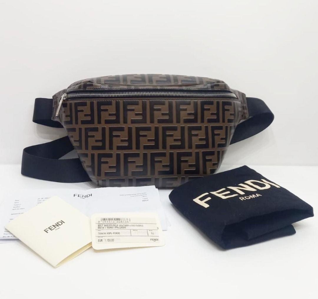 NEW FENDI bumbag waistbag FF embossed leather black brown rec store paperbag 28 18 16 3 cm dv