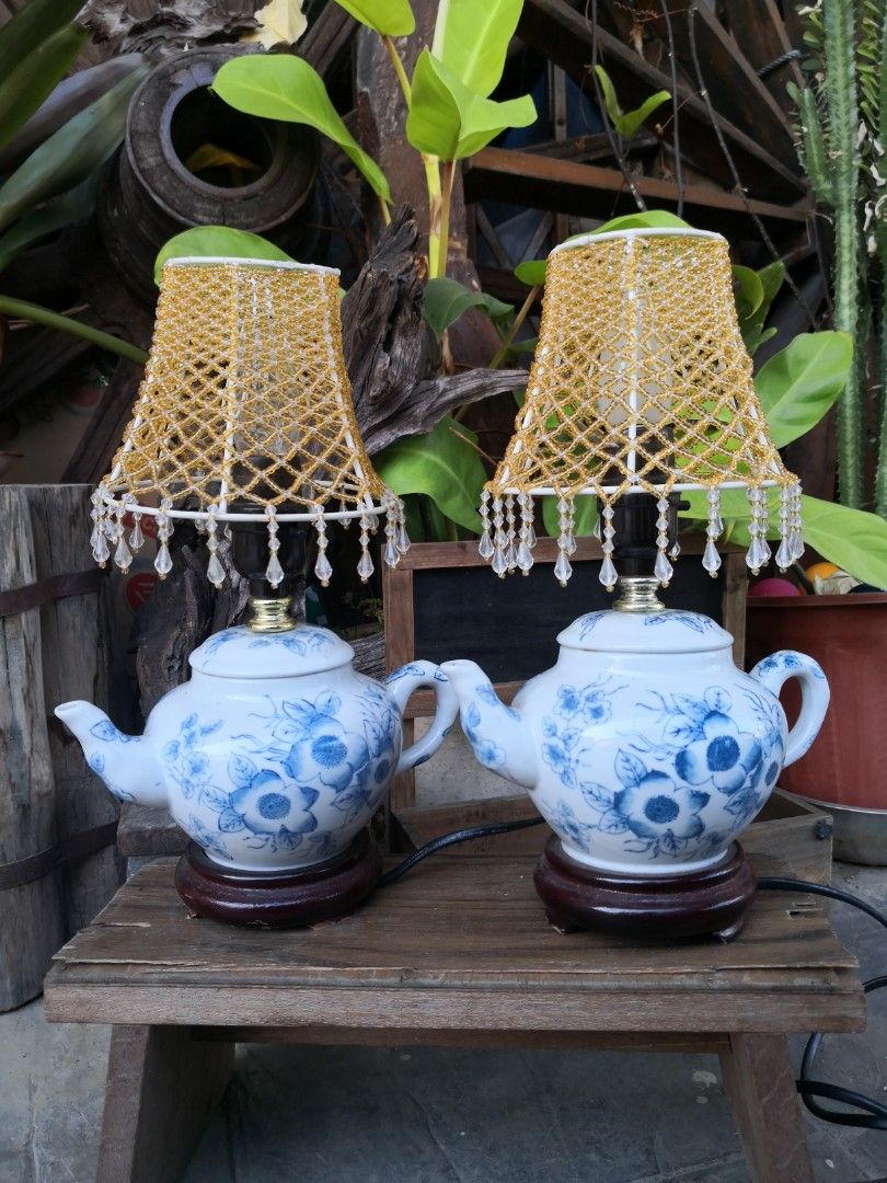 Pair Of Blue and White Porcelain Table lamp Tea Pot Design