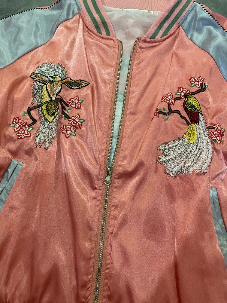 Pink embroidered bomber jacket discount